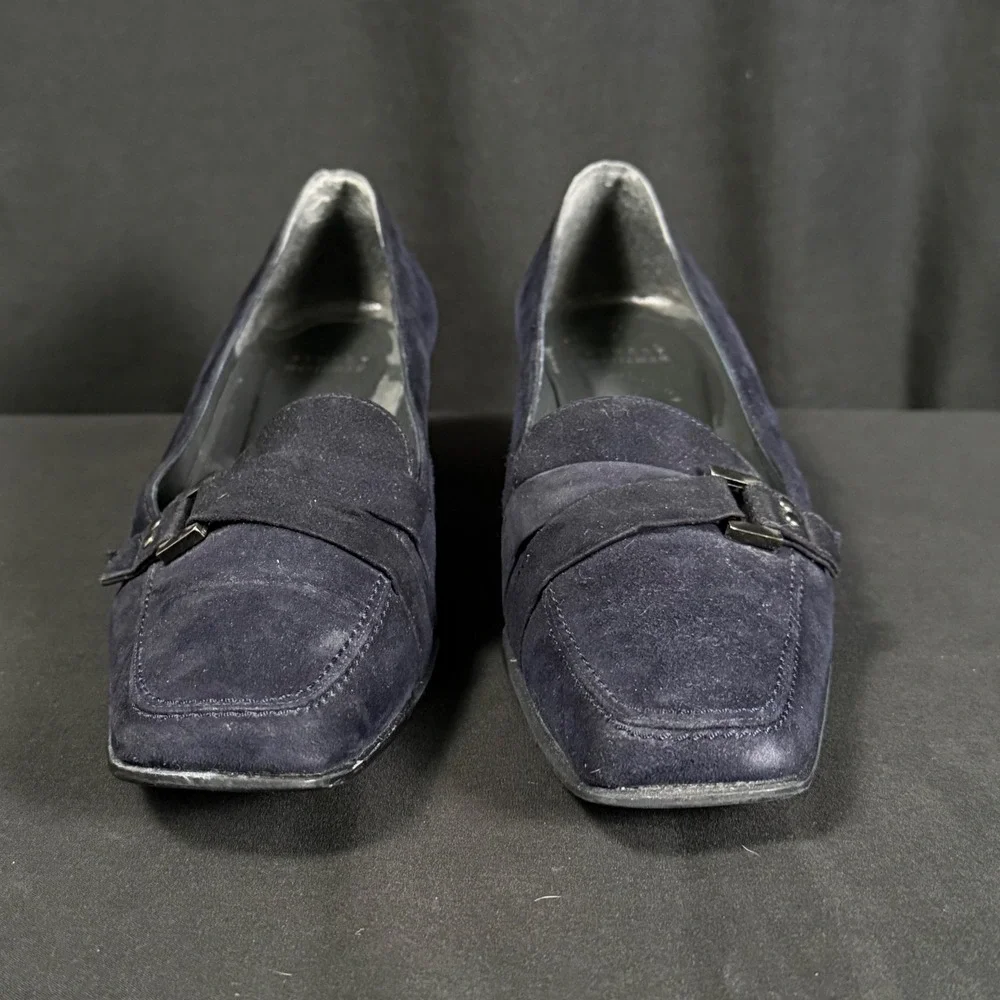 Vintage 90s Stuart Weitzman Navy Suede Square Toe Kitten Heel Loafer Pumps 8.5